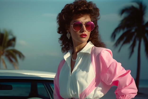 A woman in a pink top and pink sunglasses stands in front of a white car.