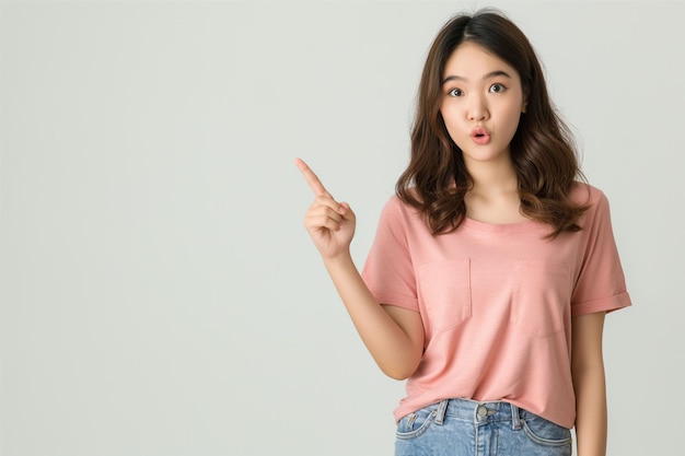 a woman in a pink top pointing at empty copy space with surprised face