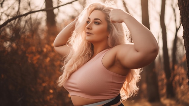 Photo a woman in a pink top stands in a forest, her arms are raised up.