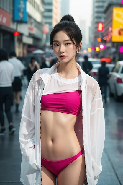 Photo a woman in a pink and white top stands in front of a store.