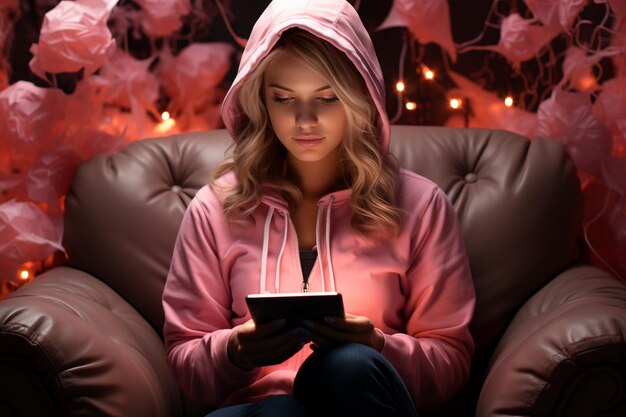 woman in pink with device doing online booking