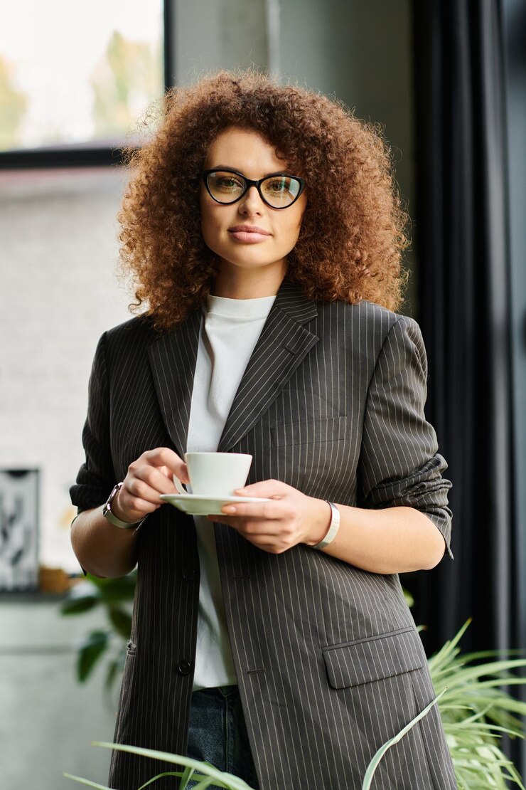 Photo a woman in a pinstriped blazer enjoys a cup of coffee in a stylish modern interior