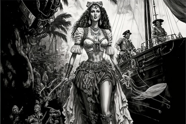 Woman Pirate in Black and White Drawing 3D illustration