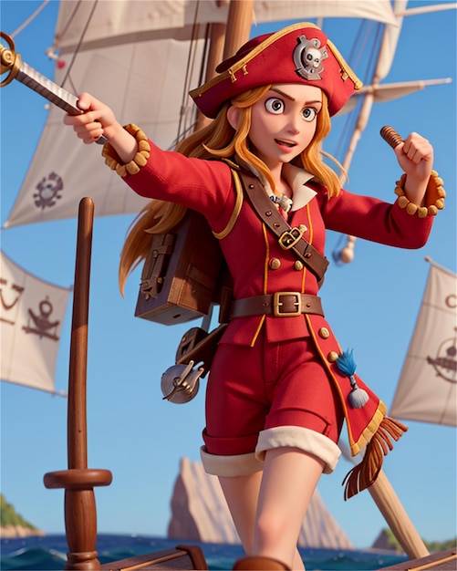 a woman in a pirate costume with a sword and a flag in the background.