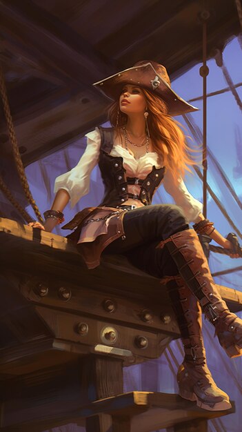 Photo a woman in a pirate outfit sits on a ledge