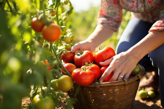 수확한 토마토를 바구니에 넣는 여자