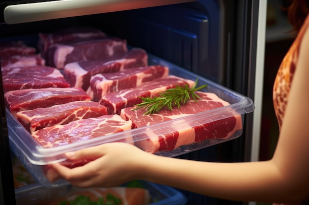 A woman placing raw meat in the refrigerator up close refrigerator with fresh meat products