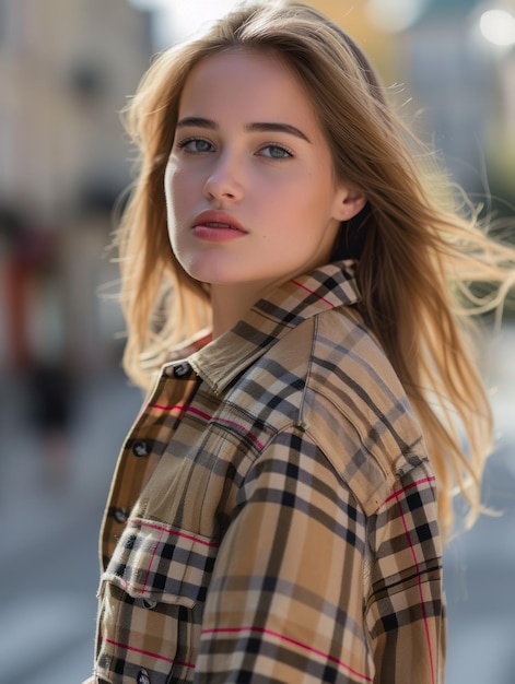 woman in a plaid shirt and jeans standing on a city street