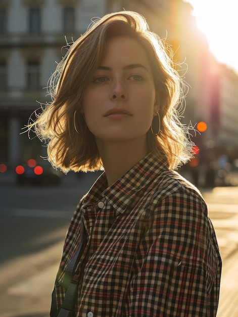 woman in a plaid shirt and jeans standing on a city street