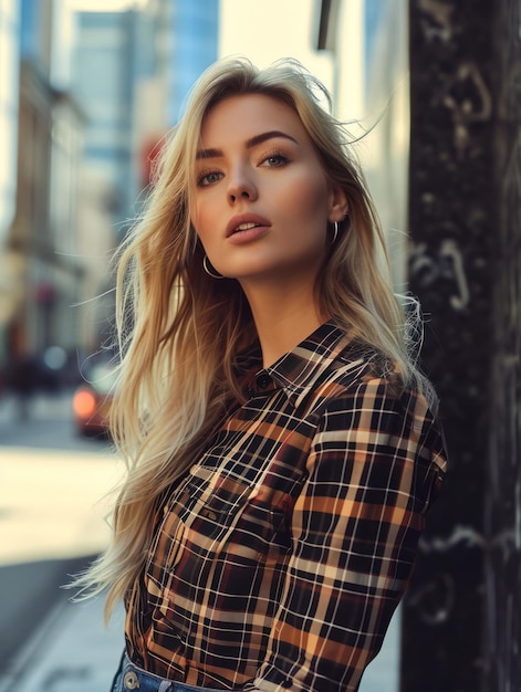 a woman in a plaid shirt