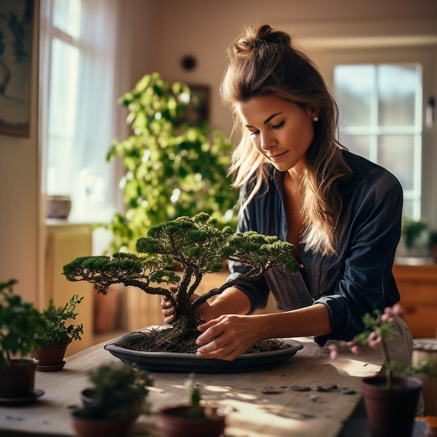 Foto donna che pianta un bonsai a casa