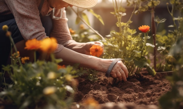 A woman planting flowers in a garden