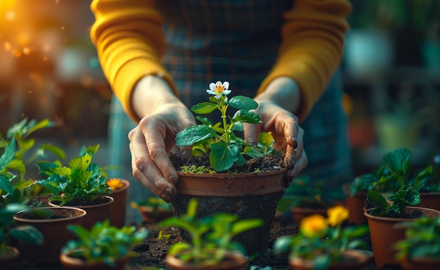 鍋に花を植える女性