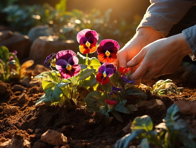 写真 春の庭にプリムラの花を植える女性