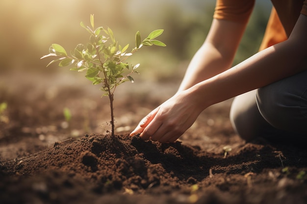 Woman planting seedlings into soil volunteer working with saplings generative AI