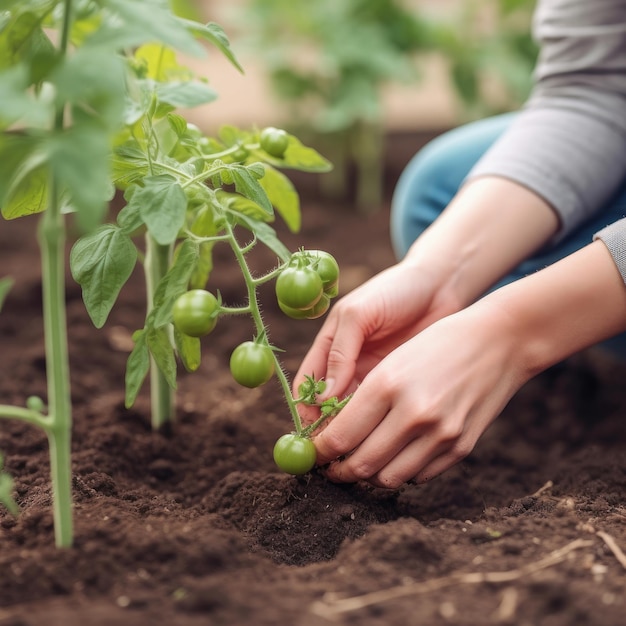 Woman planting tomato Illustration AI GenerativexA