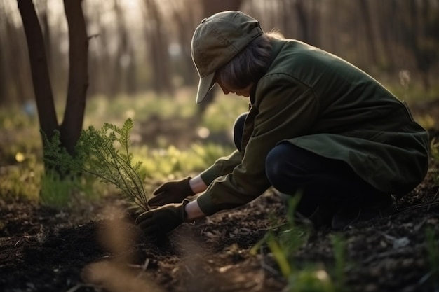 Женщина сажает дерево в лесу
