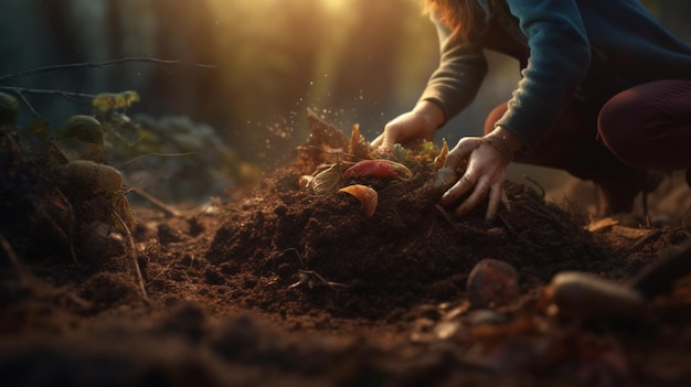 A woman planting a tree in the forest