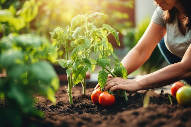 Woman planting vegetables in garden near luxury house sunlight Generative Ai