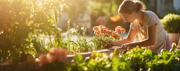 Woman planting vegetables in garden near luxury house sunlight panorama generative ai