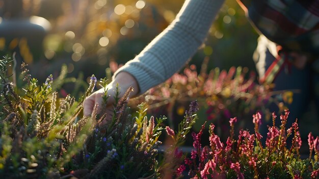 Photo a woman plants autumn heathers in the garden generative ai