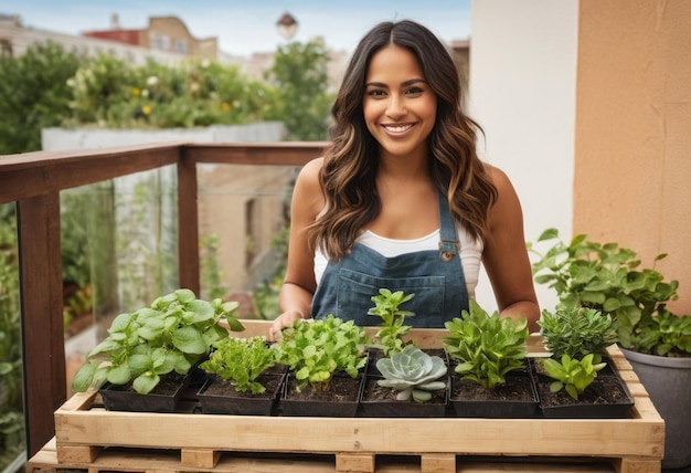 A woman plants in a wooden container on her balcony showcasing urban gardening and a connection with