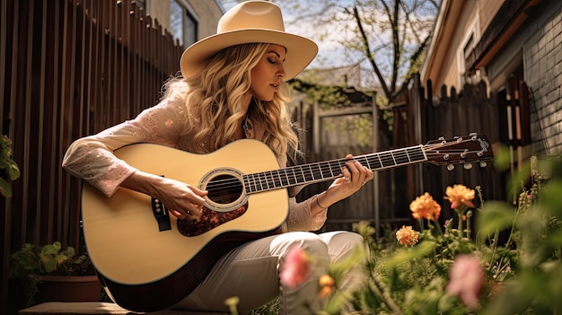 Woman playing acoustic guitar in backyard
