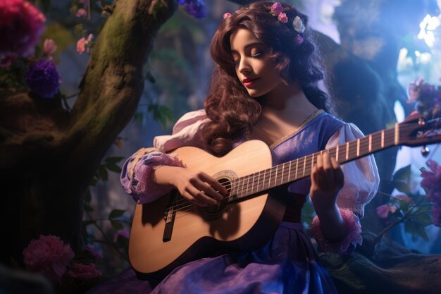 a woman playing an acoustic guitar in a forest