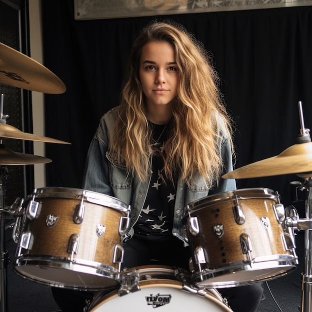 A woman playing a drum set