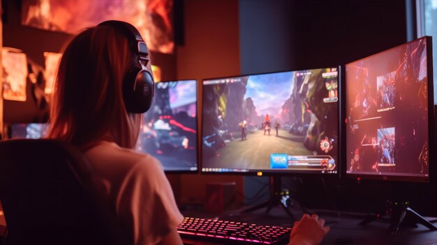 A woman playing a game on a computer.