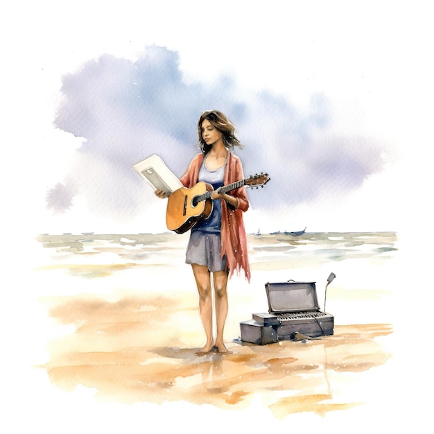 A woman playing a guitar on the beach Generative AI image