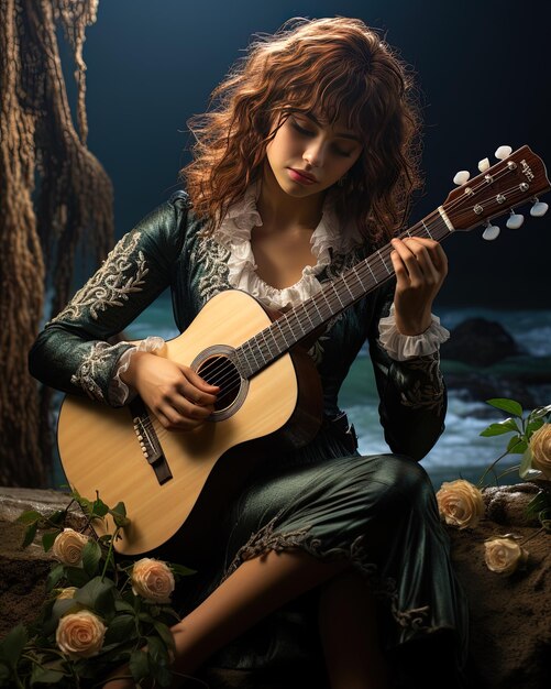 a woman playing a guitar by the sea