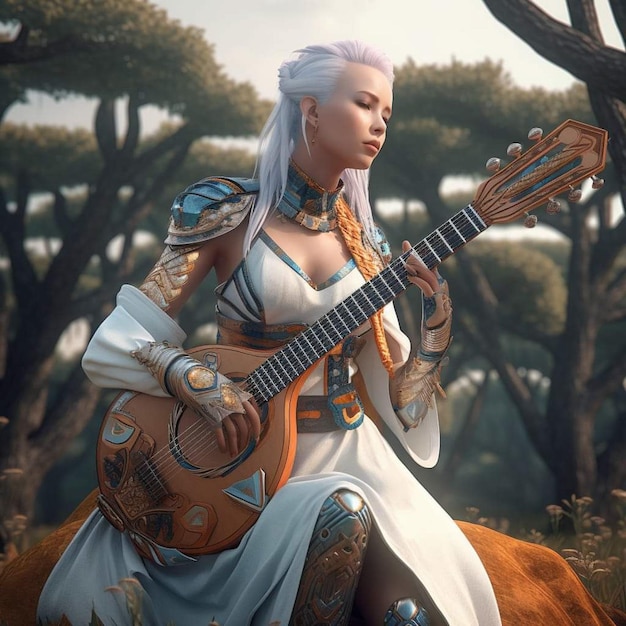 A woman playing a guitar in a forest