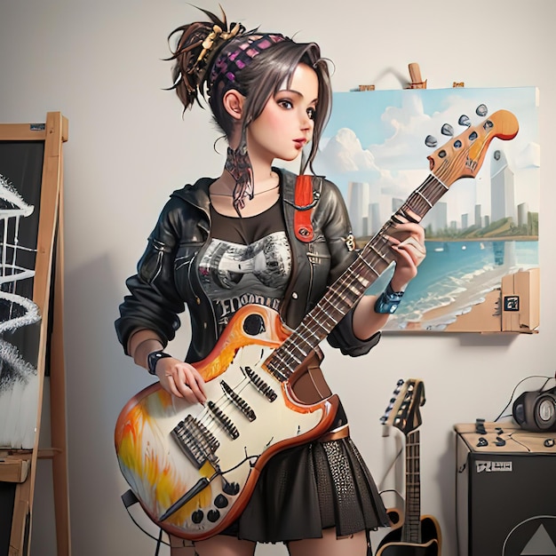 A woman playing a guitar in front of a painting of a guitar.