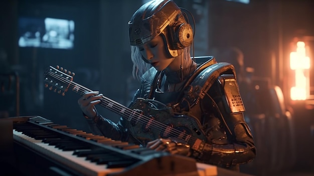 A woman playing a guitar in a game called the game bioshock.