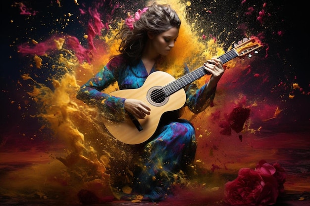A woman playing a guitar in the middle of a colorful background