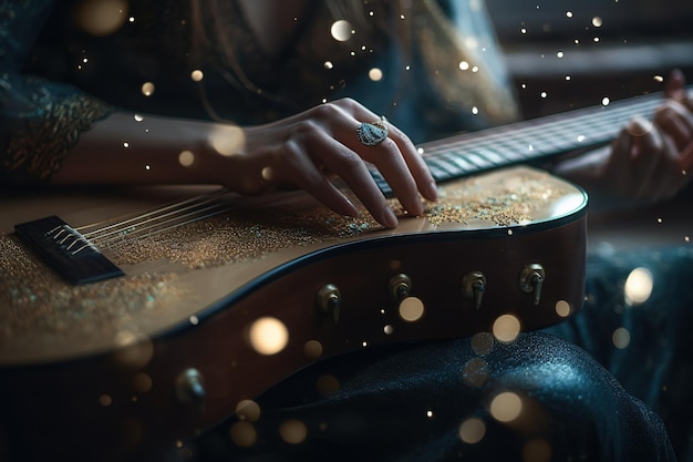 A woman playing a guitar with a boho style guitar.