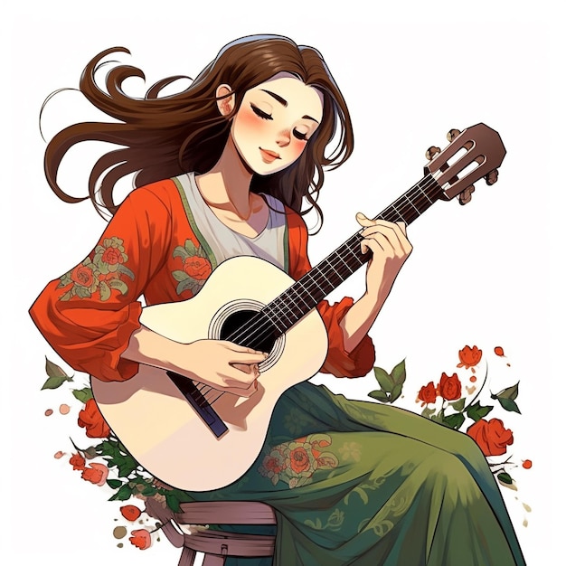 A woman playing a guitar with flowers on it