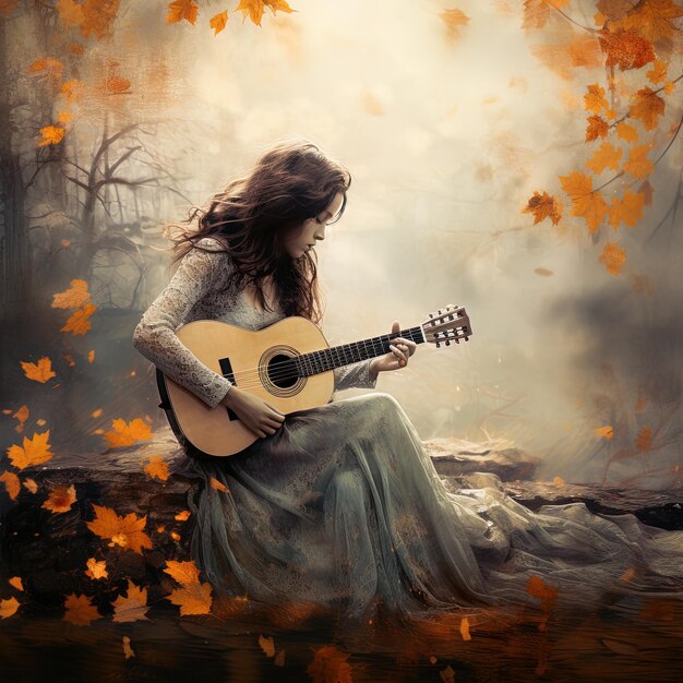 Photo a woman playing a guitar in the woods with leaves on the ground