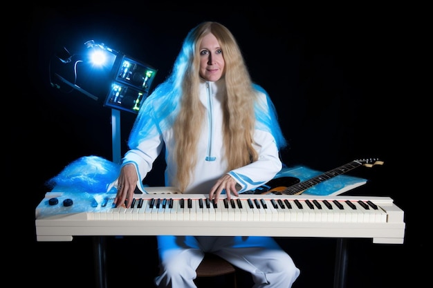 A woman playing a keyboard with a blue light behind her.