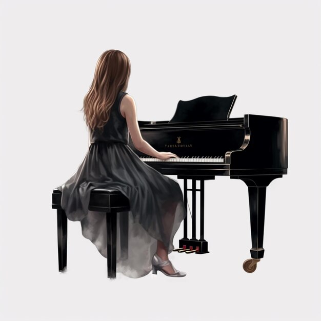 검은 드레스를 입고 피아노를 치는 여자.