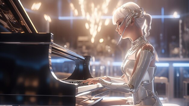 Photo a woman playing a piano with a white robot on the left side