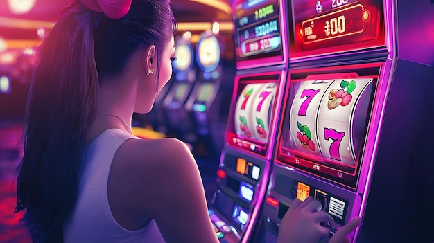 A woman playing a slot machine with the number 7 on the slot machine |  Premium AI-generated image