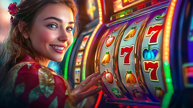 A woman playing a slot machine with the word apple on it | Premium  AI-generated image