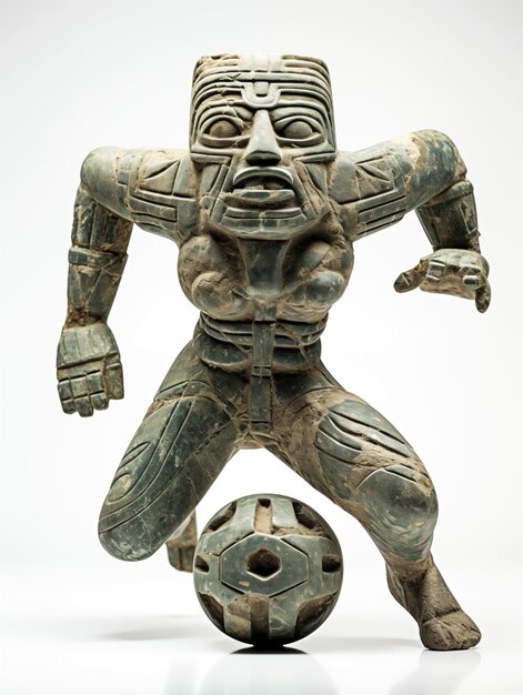 Woman playing soccer made of sculpted stone in mayan art style