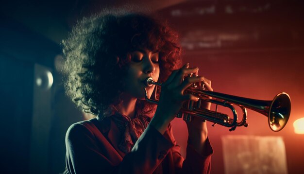 A woman playing a trumpet with curly hair