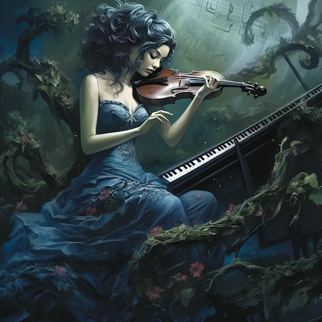 A woman playing a violin in a dark forest with flowers on the bottom.