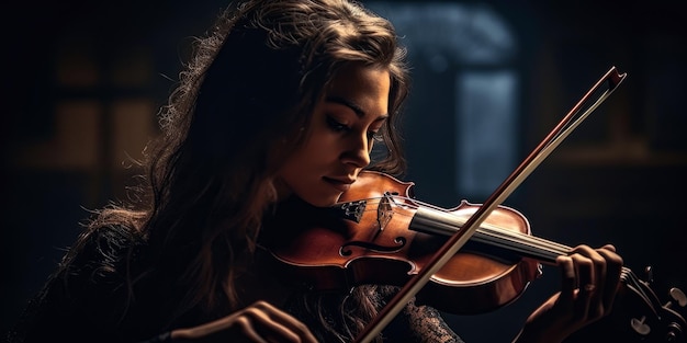 A woman playing a violin in a dark room