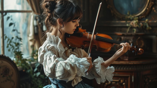 Женщина играет на скрипке в музыкальном исполнении талантливого музыканта
