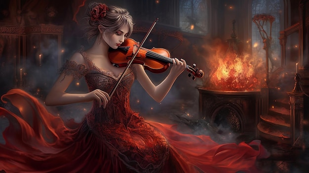 A woman playing a violin in a fire scene